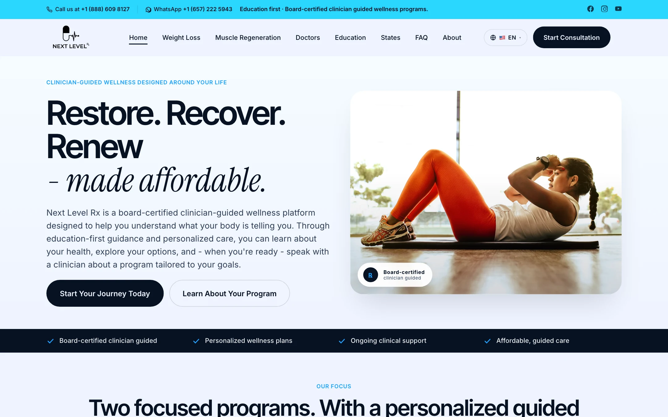 Next Level Rx telehealth platform showing clinician-guided wellness intake