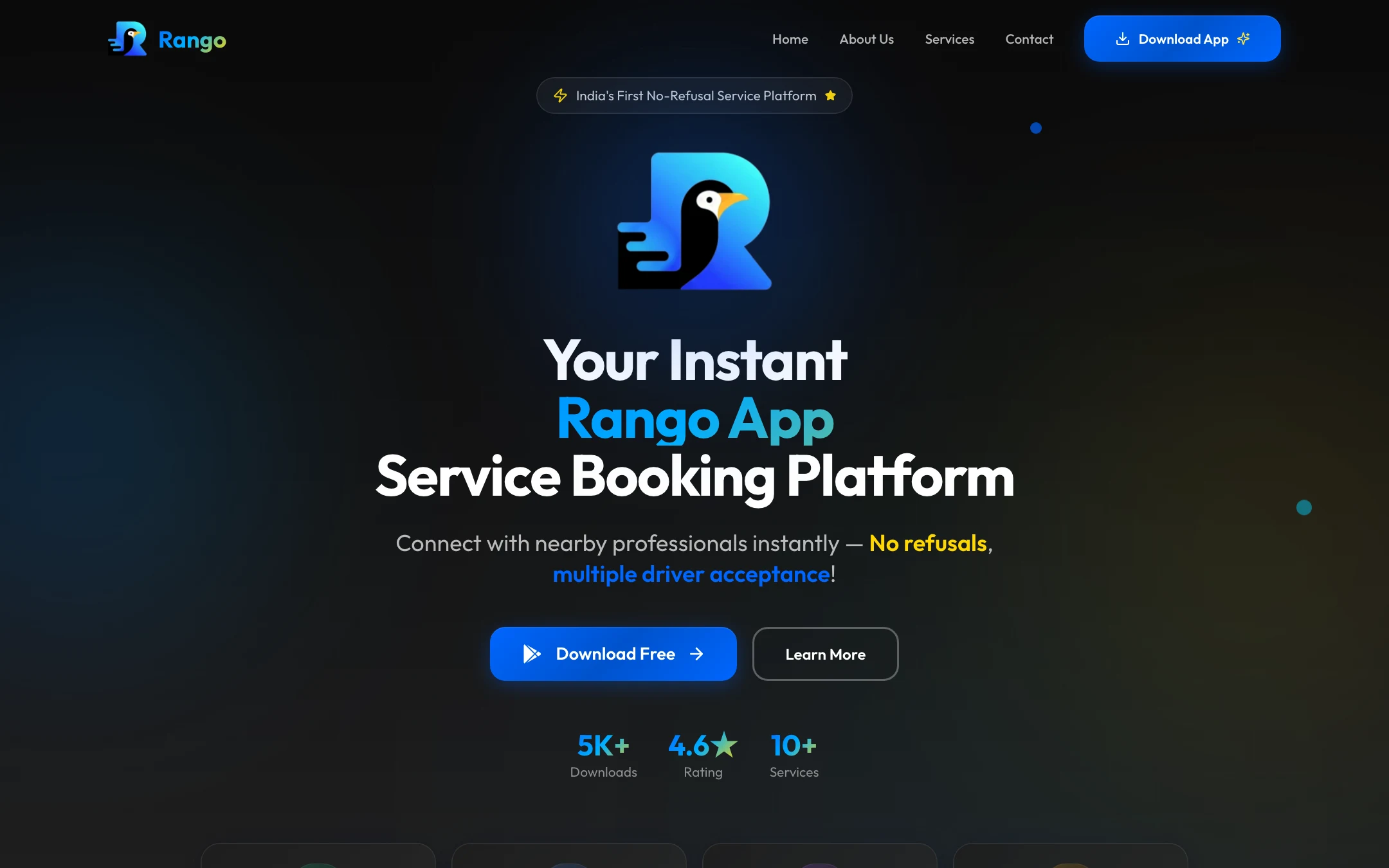 Rango on-demand service booking platform homepage showing instant booking interface and download metrics